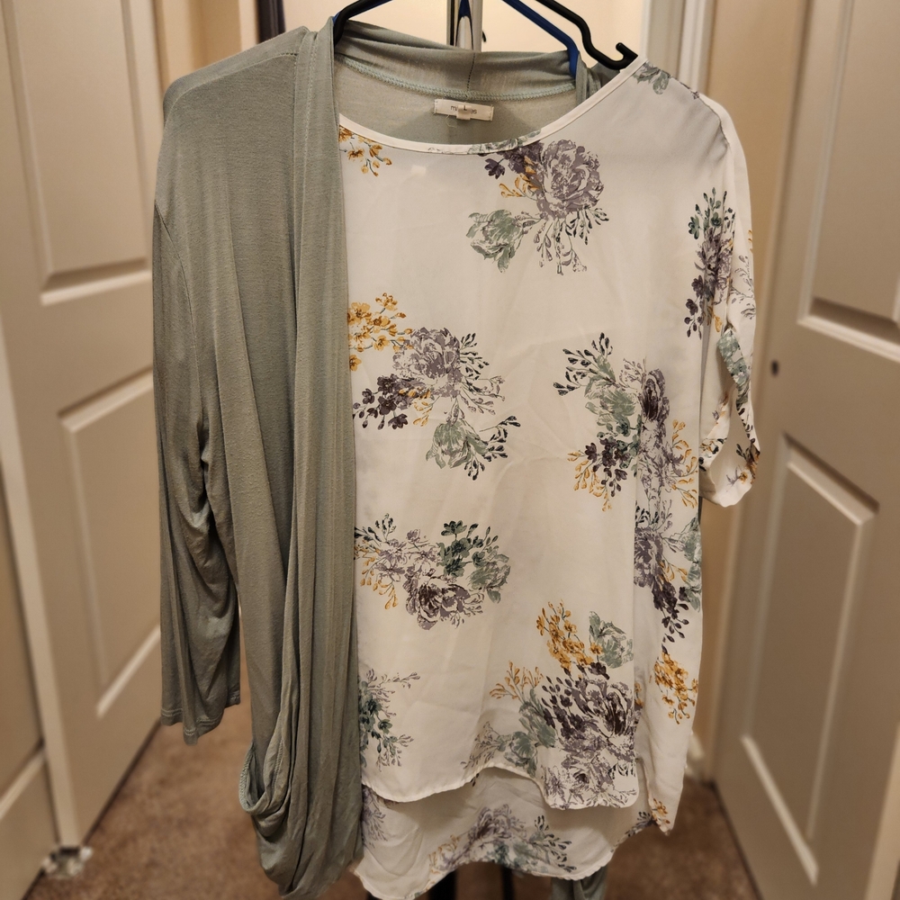 Maurices White Floral Blouse with Green Cardigan
